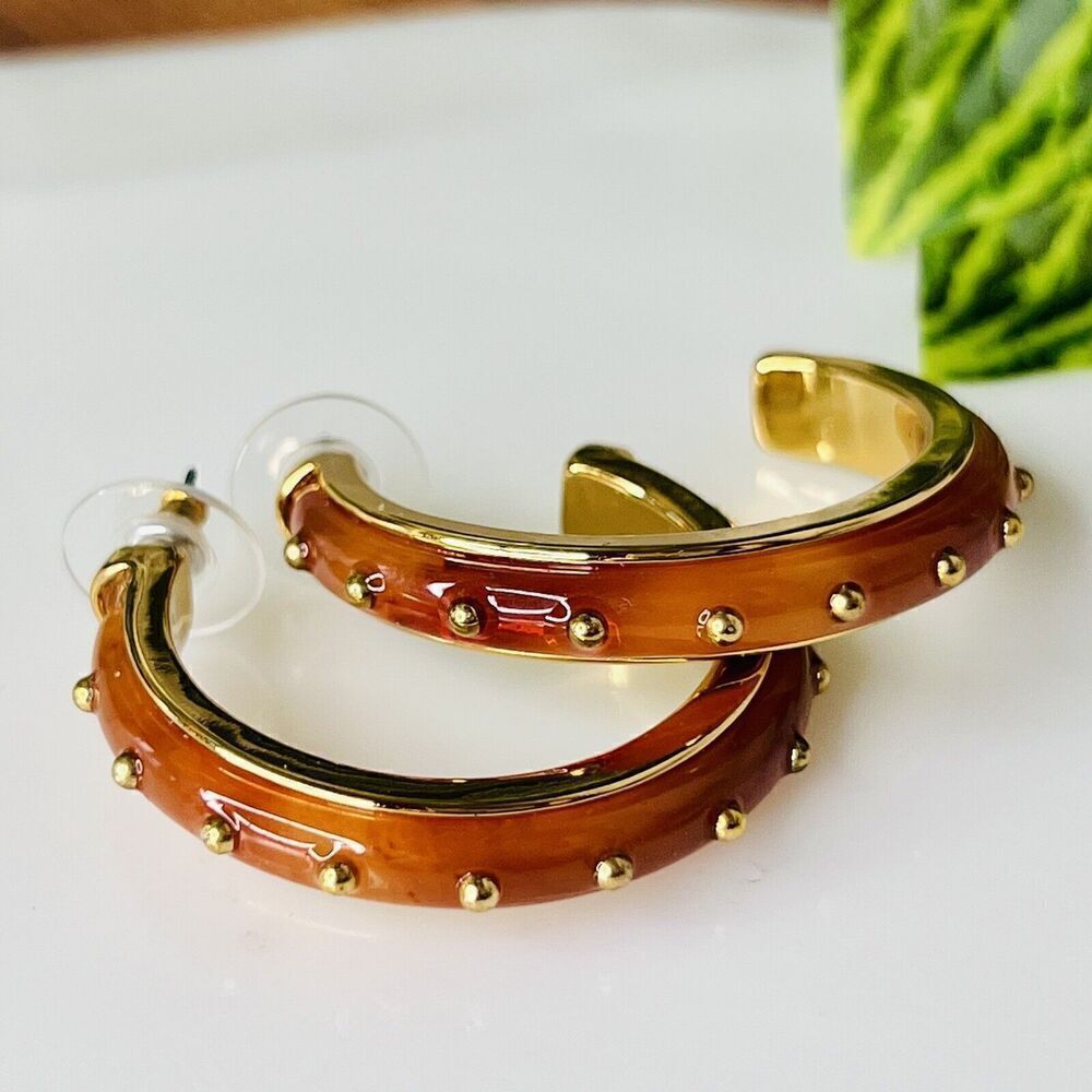 Kara Ross Black Label by Chico’s Studded Tortoise Resin Gold Earrings Open Hoop